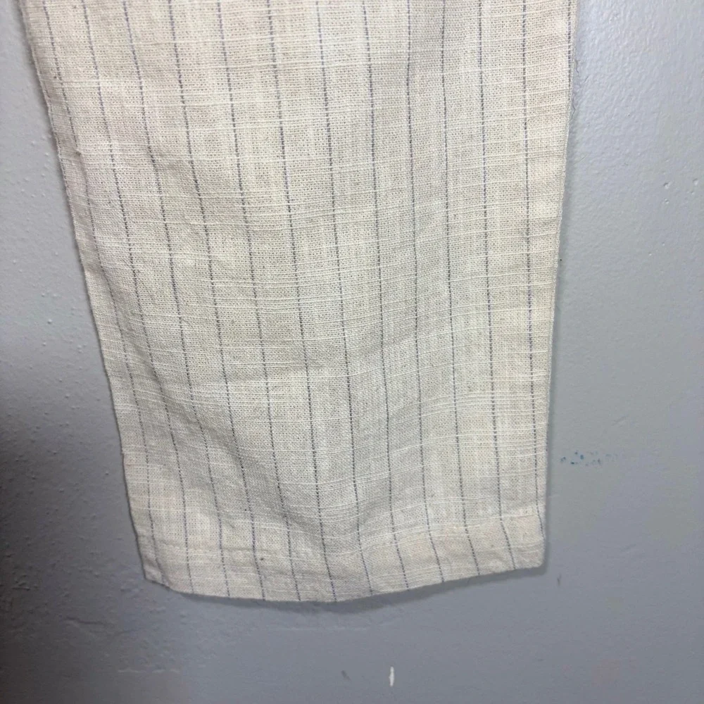Zara Womens XL Pinstripe Drawstring Linen Blend Pants Cream Blue‎ High Rise